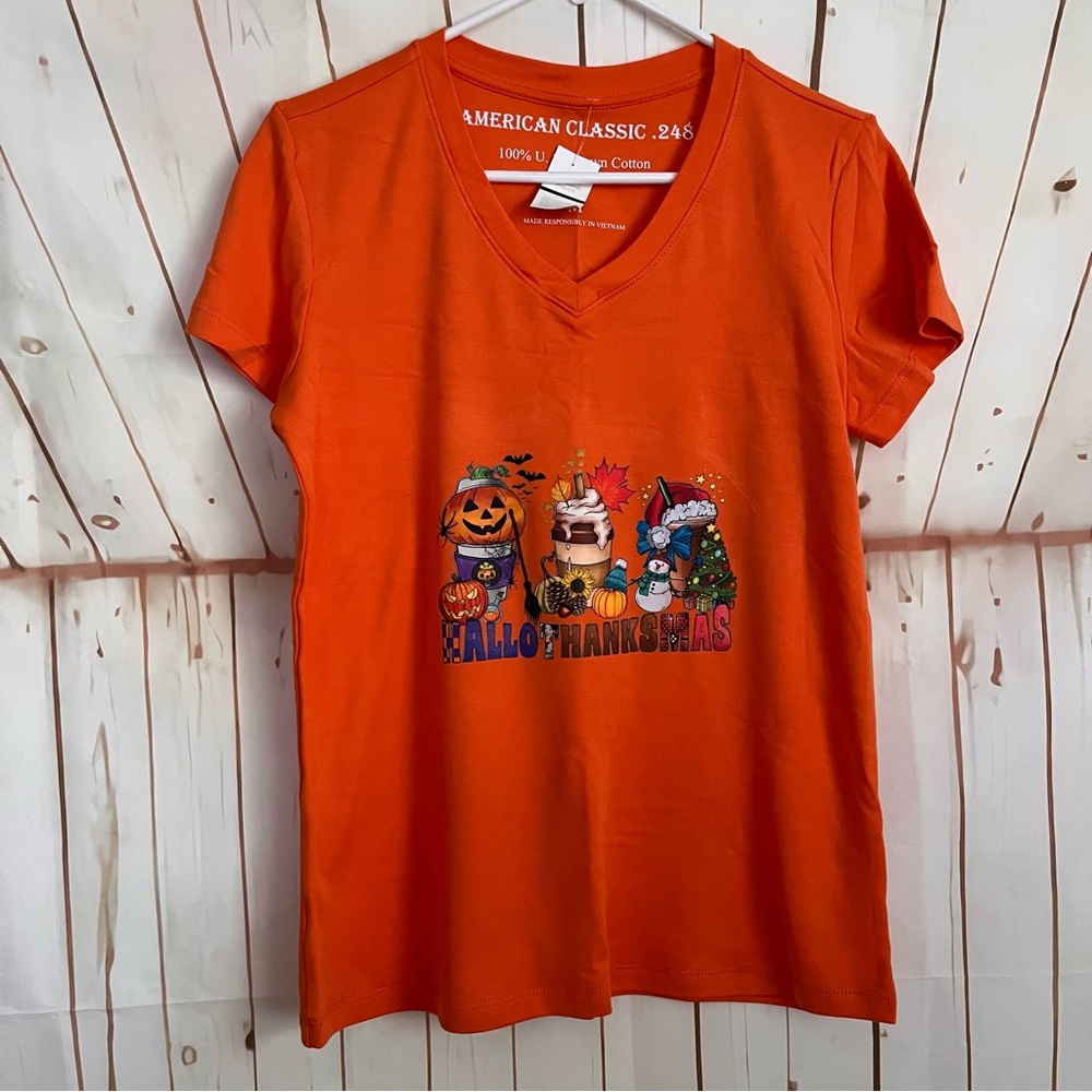 Hallothanksmas Orange V- neck T-Shirt
